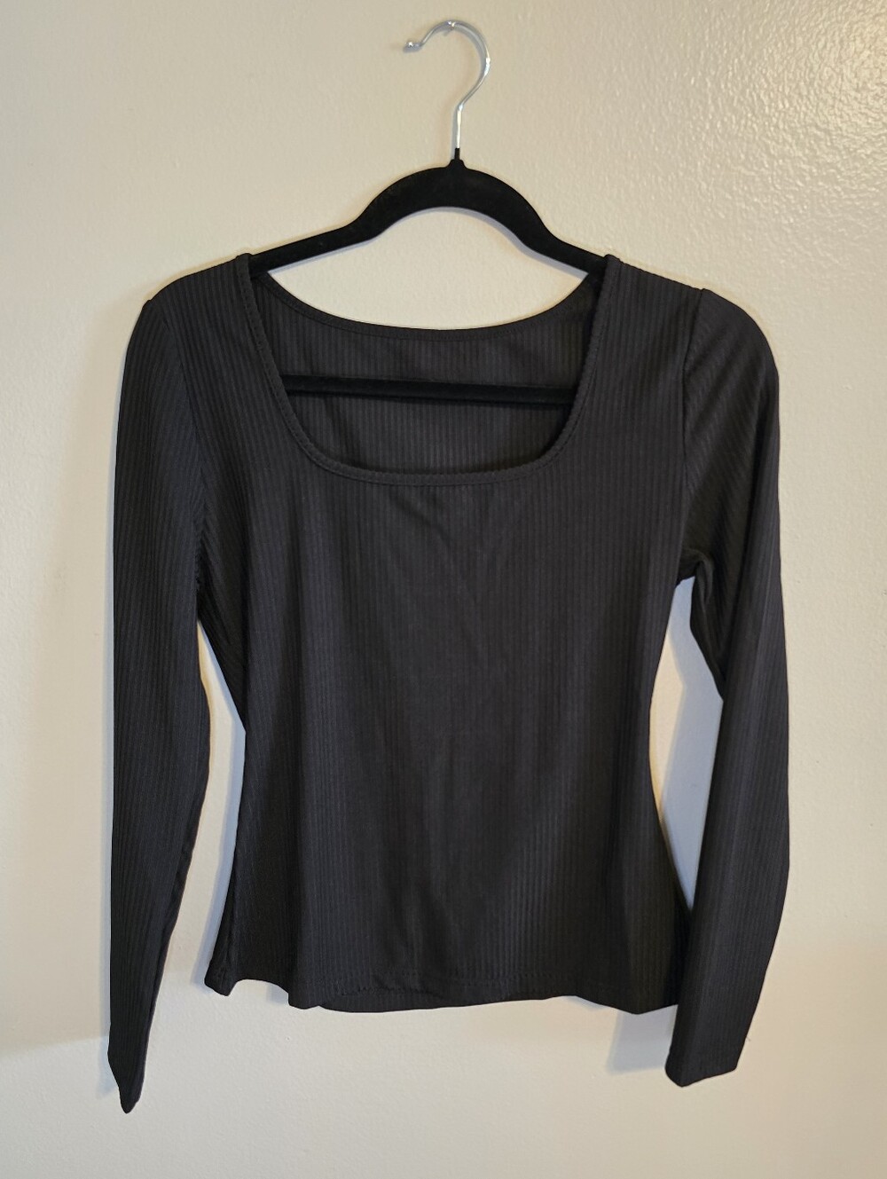Classic Black Ribbed Scoop Neck Long-Sleeve Top